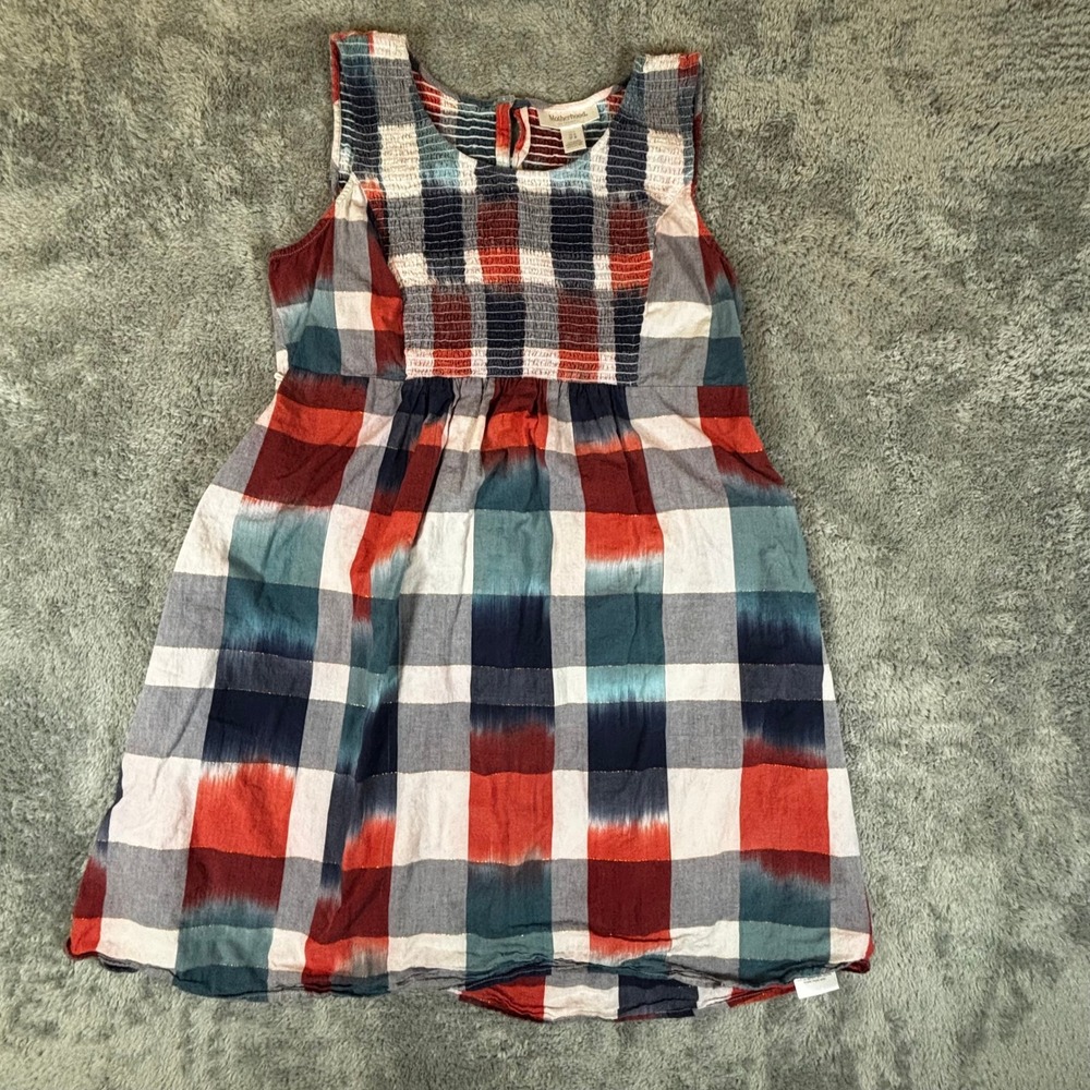 Motherhood Maternity Plaid Ikat Smocked Babydoll Top Red White Blue Large